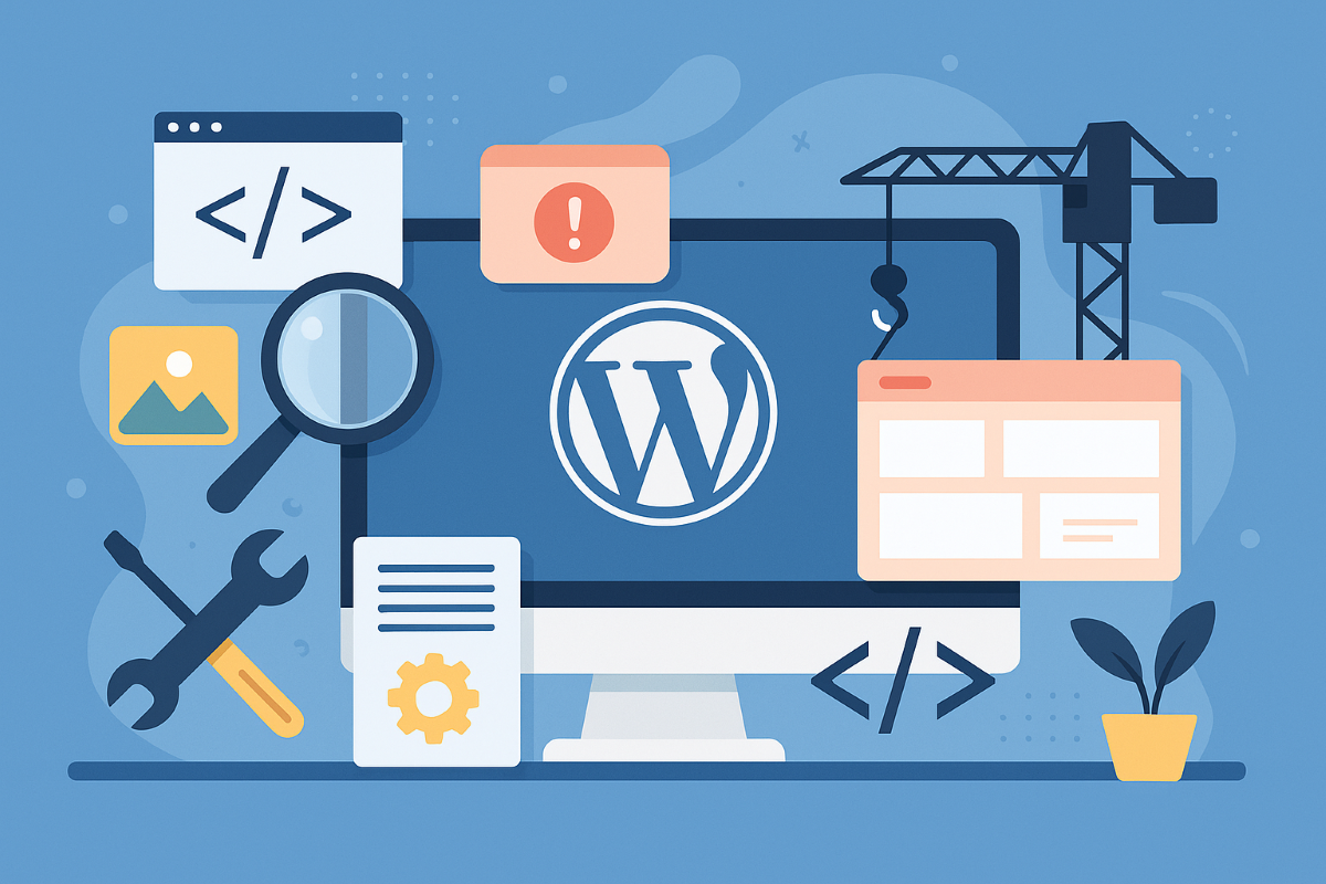 WordPress site kurulumunu anlatan dijital illüstrasyon, kullanıcı dostu arayüzler ve ayarlarla dikkat çeken bir görsel.