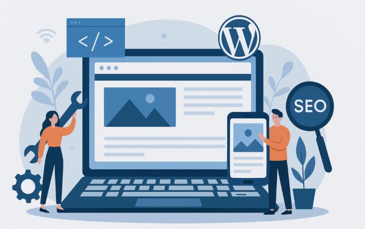 Mobil uyumlu ve SEO optimizasyonlu WordPress site geliştirme sürecini gösteren dijital bir web tasarım görseli