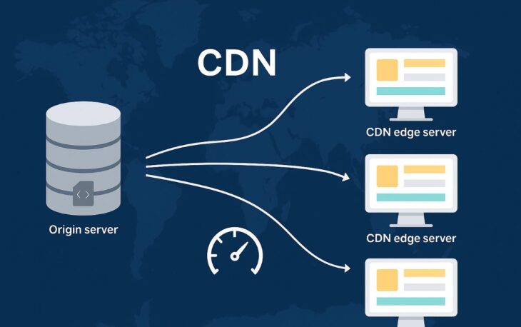 CDN ağı üzerinden dağıtılan içeriklerle hızlı yüklenen web sayfalarını anlatan dijital görsel