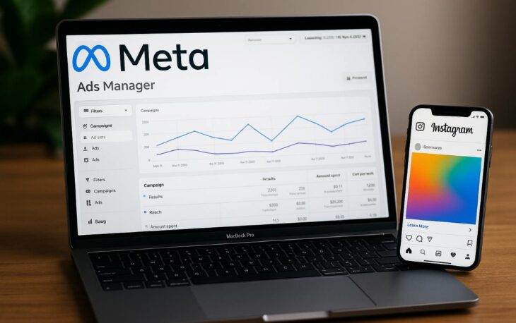 Meta Ads paneli ve Instagram/Facebook reklam yönetimini temsil eden dijital pazarlama görseli.