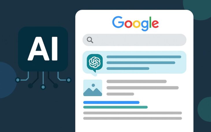 Google AI Overviews ve SEO ilişkisini anlatan yapay zekâ destekli arama deneyimi görseli.