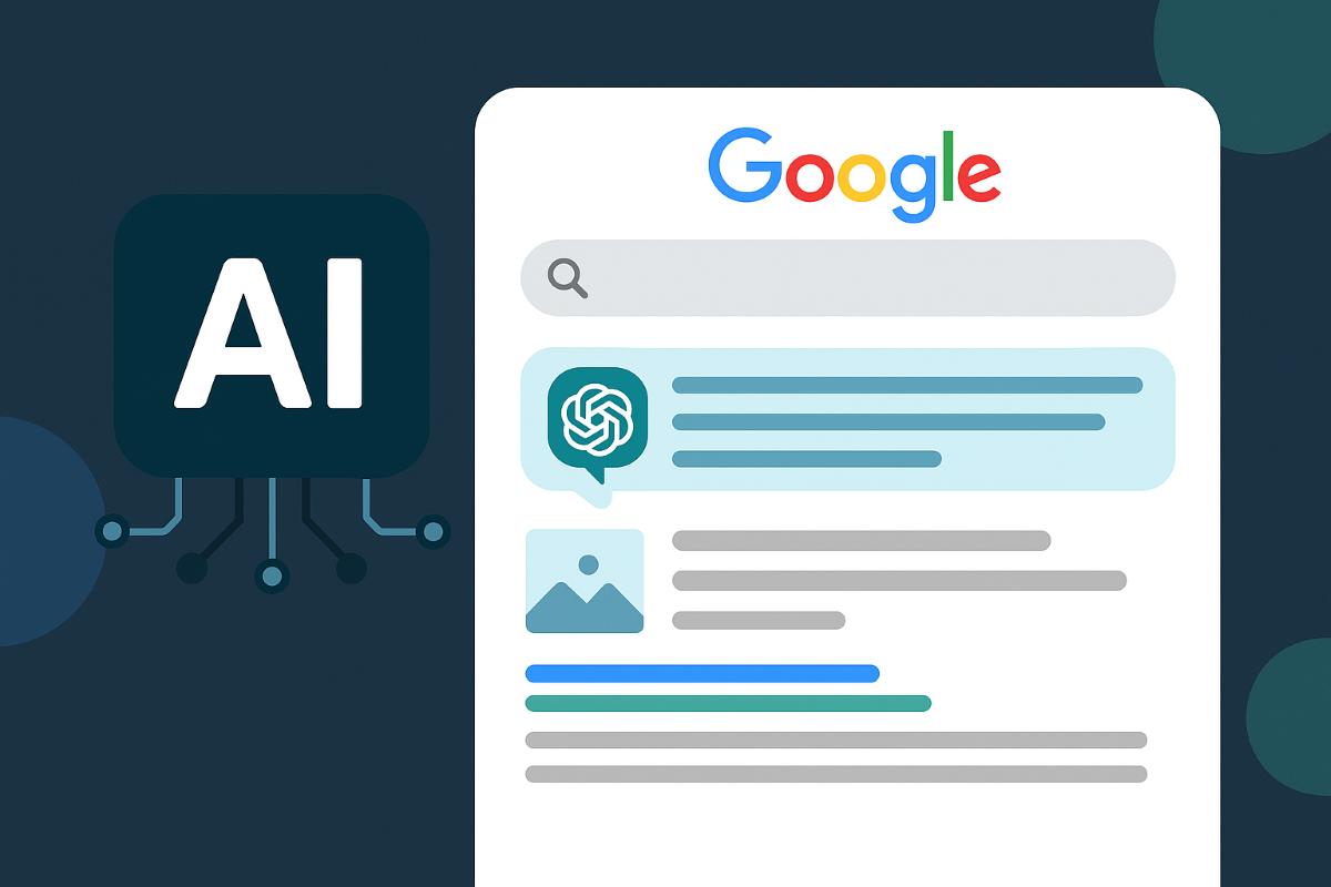 Google AI Overviews ve SEO ilişkisini anlatan yapay zekâ destekli arama deneyimi görseli.