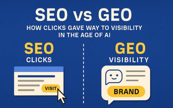 SEO ve GEO farklarını gösteren görünürlük ve tıklama odaklı dijital illüstrasyon